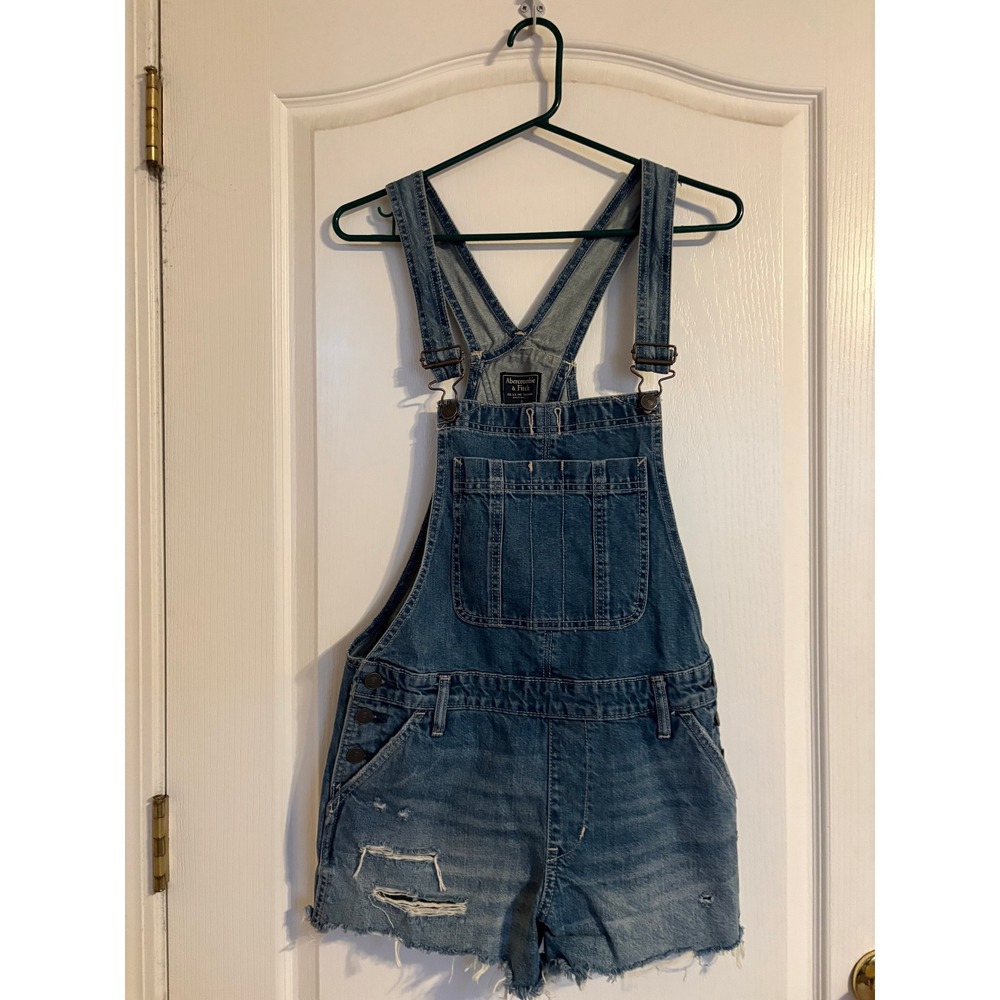 Abercrombie & Fitch Denim Shortalls Womens S Blue Excellent Distressed Raw Hem